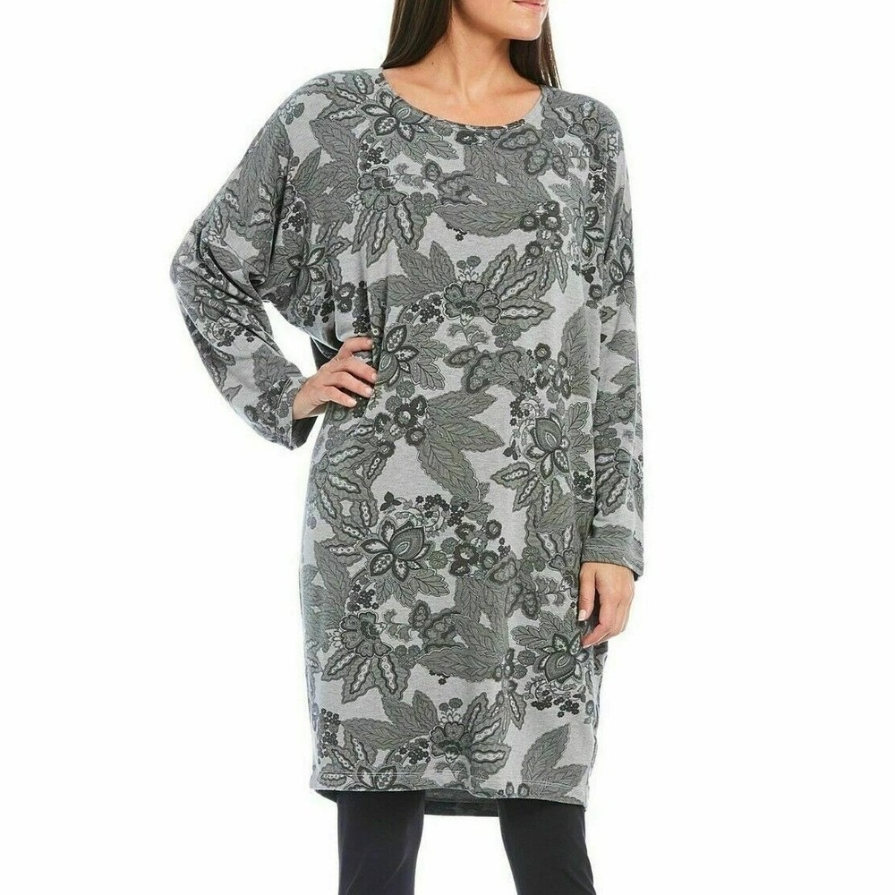 Bryn Walker Alanna Cocoon Tunic Dress Gray Floral Long Sleeve Siro Rayon size XL
